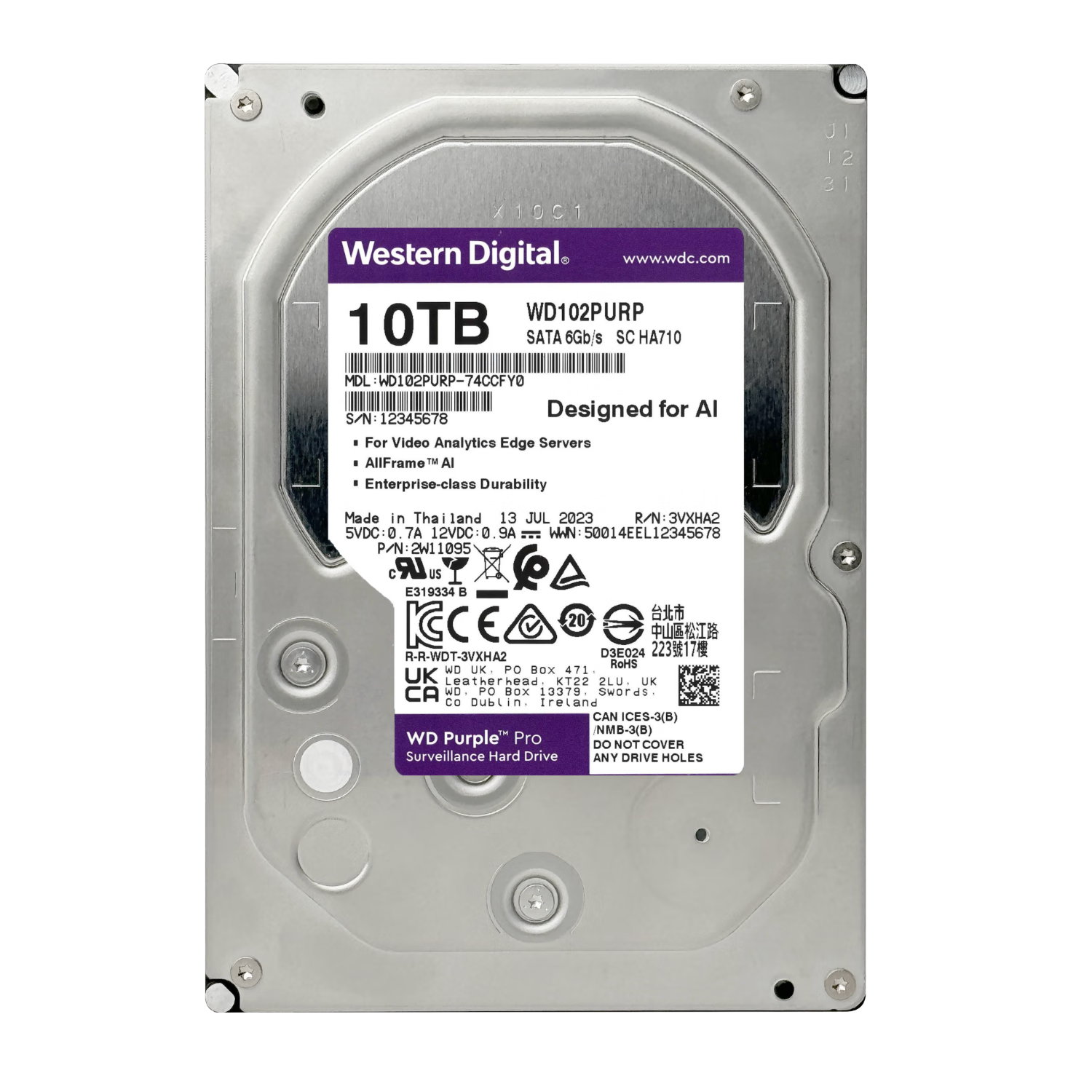 Western Digital (WD) 10TB Surveillance-Grade Mechanical Hard Drive WD Purple Pro SATA 7200 RPM 512MB CMR Vertical AI Technology 3.5-Inch WD102PURP