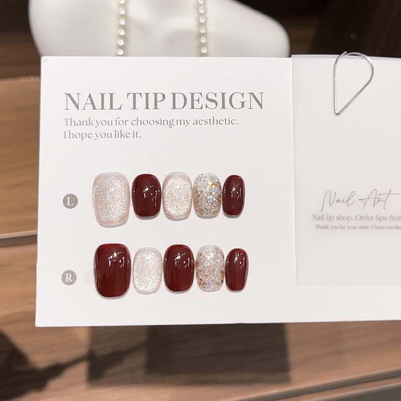 Chense Handmade Wearable Nail Stickers, Nail Tips, Short Fake Nails (Red Sugar Frost, Size S)