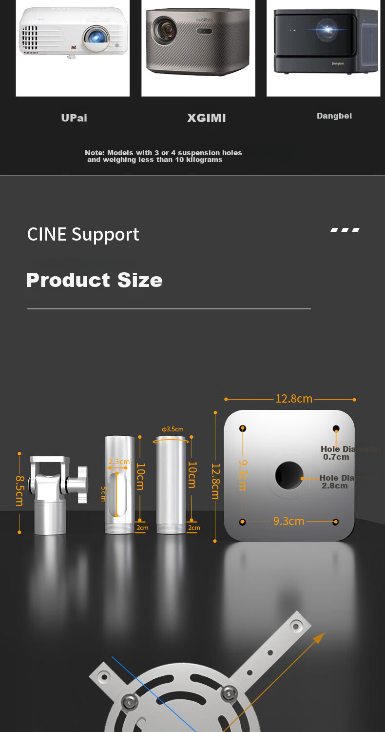 CINE Projector Ceiling Mount Bracket for Home Installation, Ceiling Support for Epson CO-W01/FH01, BenQ i750, UGREEN Q10, Orange Projector Ceiling Mount PH70-30 Silver 12