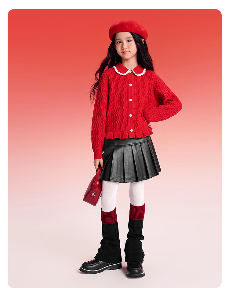 Balabala [balaOne] Girls' Red Knit Cardigan with Collar Autumn Winter New Year Outfit 4