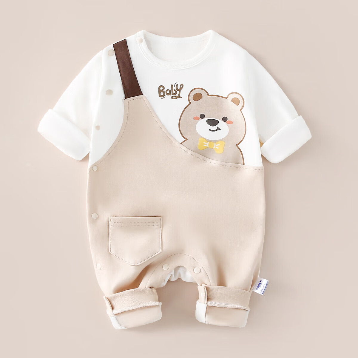 DUOXILUK Baby Spring Romper, Newborn Clothes for Boys And Girls, All-Season Long-Sleeve Bodysuit, Strap Coffee Bear Design, 59cm