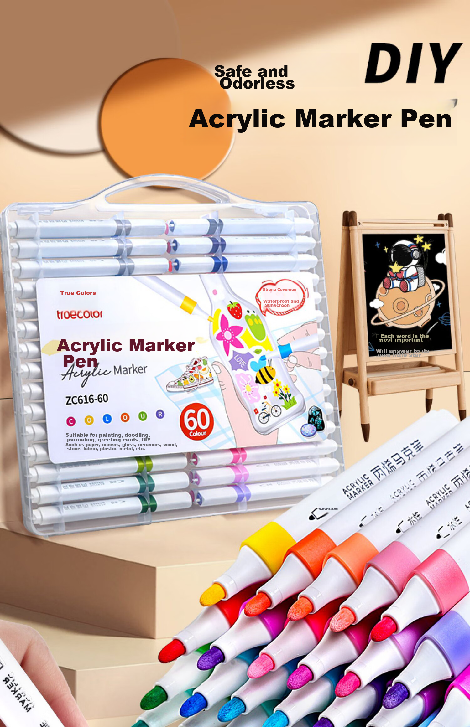TRUECOLOR 36-Color Acrylic Markers Single-Tip Quick-Drying Waterproof Kindergarten Elementary School Children's Special Non-Translucent Stackable Hand-Drawn Guka Graffiti DIY Painting Brushes 616 Watercolor Pens 1