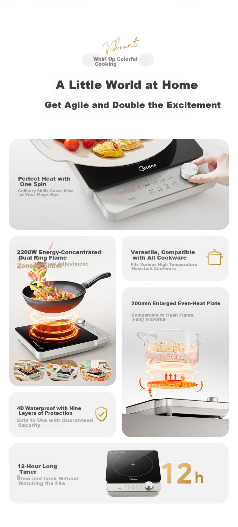 Midea Electromagnetic Cooker, Ceramic Cooktop, Battery Stove, 2200W High Power, Intense Heat, Tea Brewing, Water Boiling, Stir-Frying, Hot Pot, Electric Stove, Tea Maker, Dual Ring Temperature Control, Suitable for All Cookware, HW22E02 7