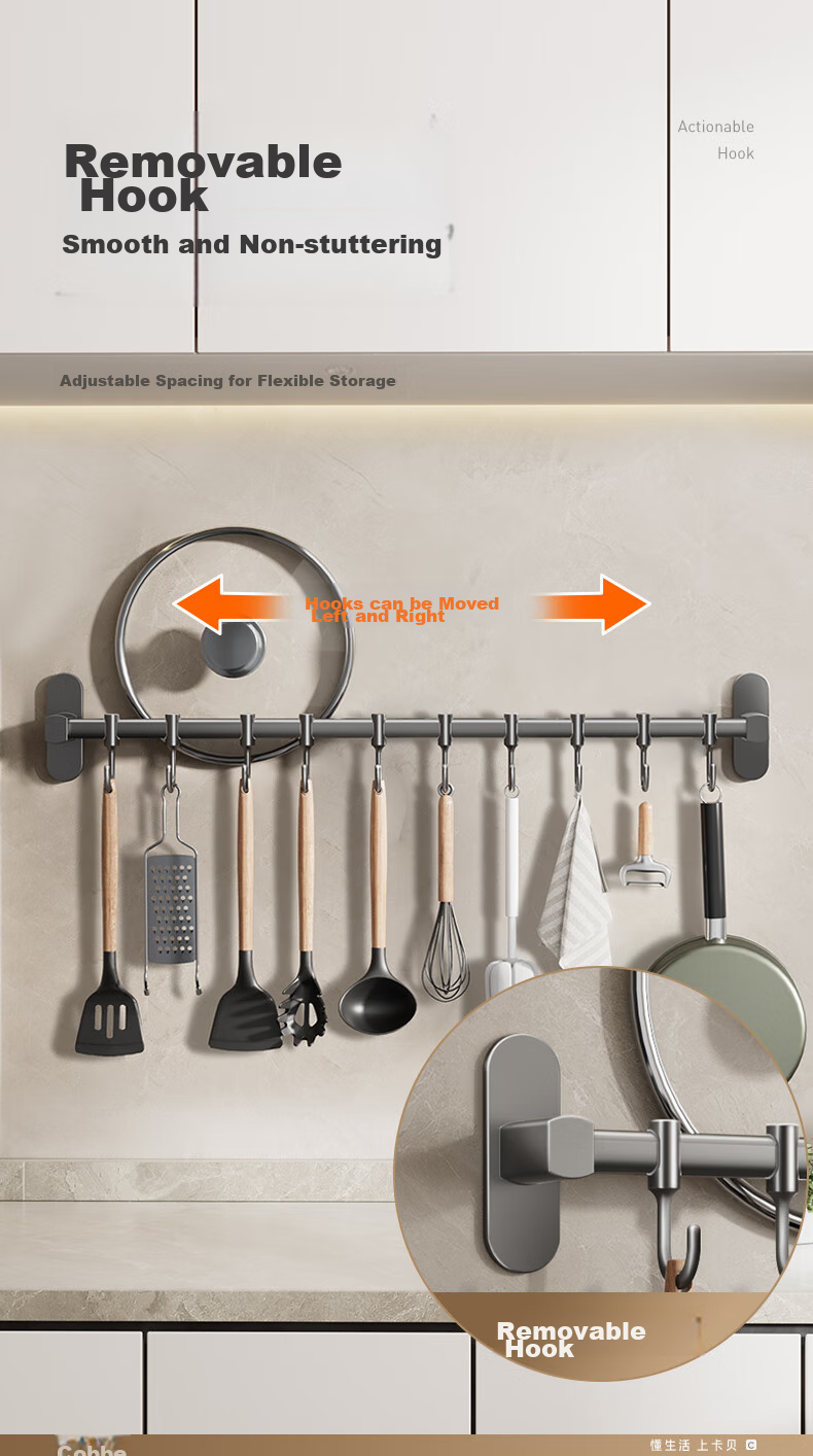 Cobbe White Kitchen Hooks, No Drilling Required, Hanging Rod Storage Rack, Wall-Mounted Hook Organizer, Kitchen Utensil Hanger, Pot Lid Storage Shelf 5