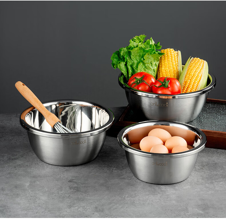 Onlycook 304 Stainless Steel Bowl And Strainer Set, Large Thick with Draining Basket, Vegetable Washing Bowl, Rice Washing Sieve And Dough Mixing Bowl, 5-Piece Set 11