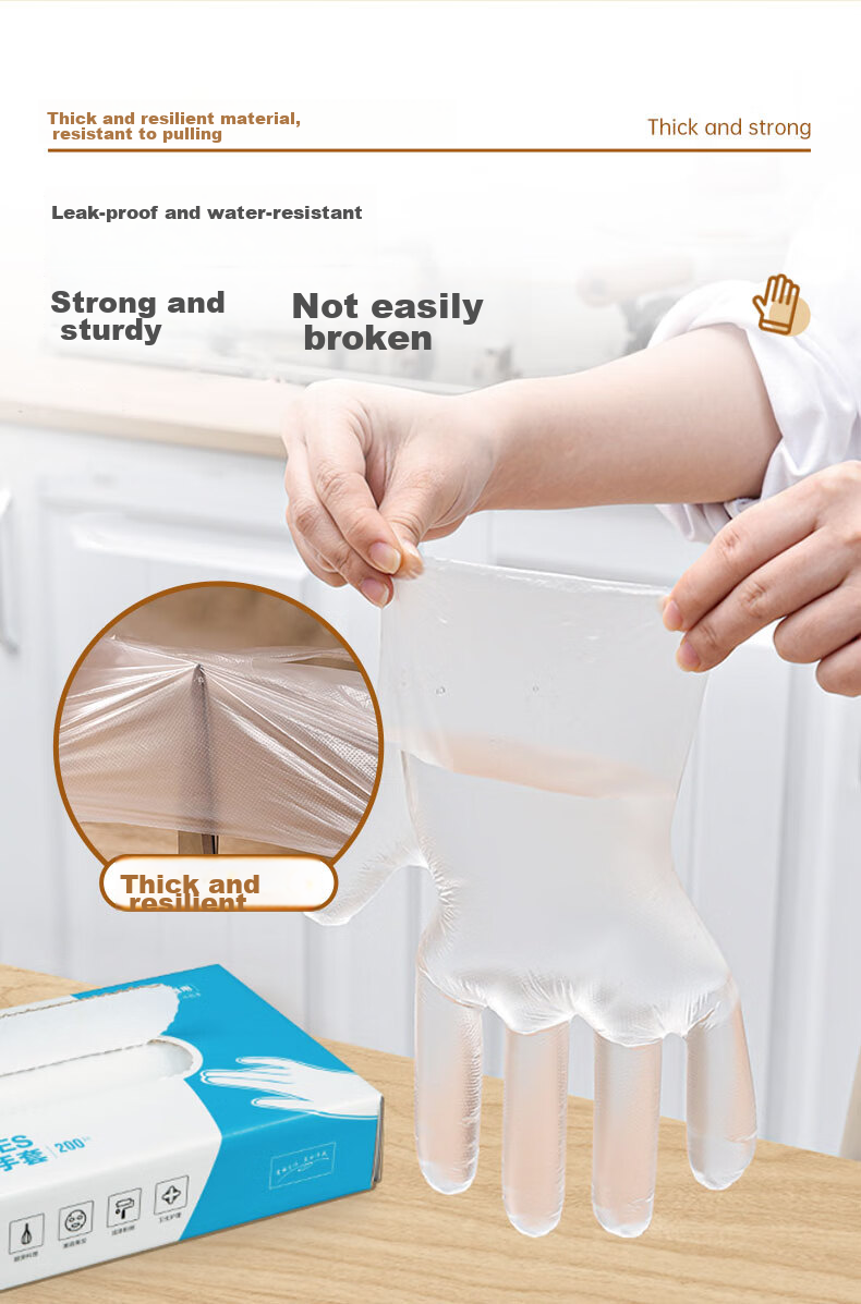 Temeiju Disposable Gloves, 200 Pieces Per Box, Pull-Out Style Food Gloves, Thickened Leak-Proof Plastic PE Gloves, for Kitchen And Baking 7