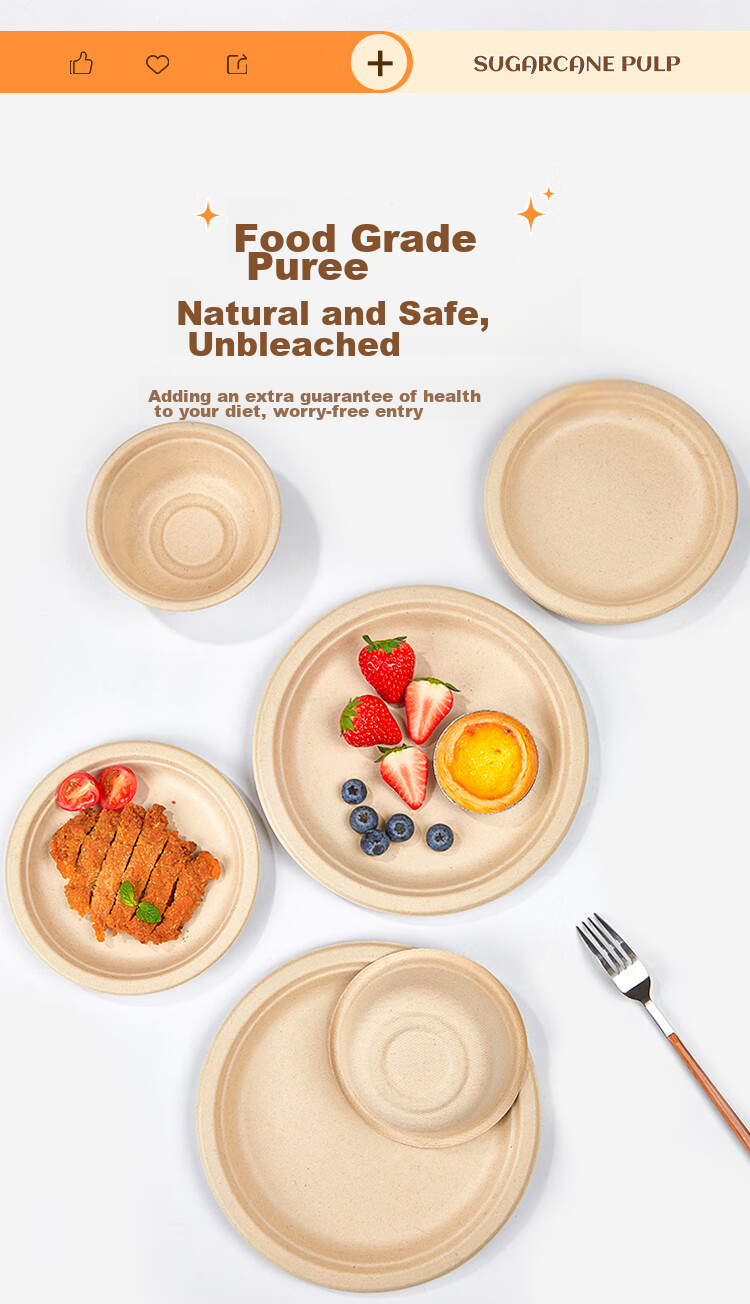 SHUANG YU Sugarcane Pulp Paper Plates, Bowls, Disposable Tableware, Waterproof And Oil-Resistant, Natural Color, Biodegradable Round Plates, 9 Inches, Pack of 20 2