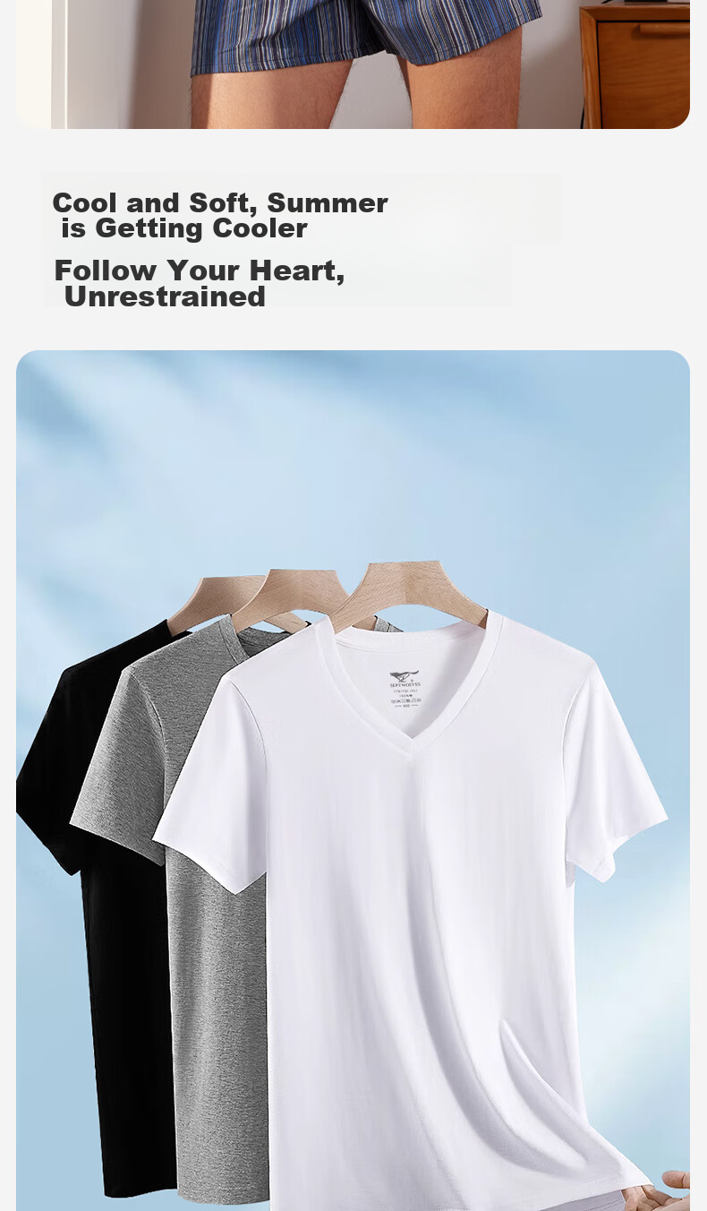 SEPTWOLVES [Classic V-Neck] Men's Short-Sleeve Pure Cotton T-Shirt, Running Sports Base Layer, Sweat-Absorbing Breathable All-Cotton Plain White T-Shirt for Home Wear 7