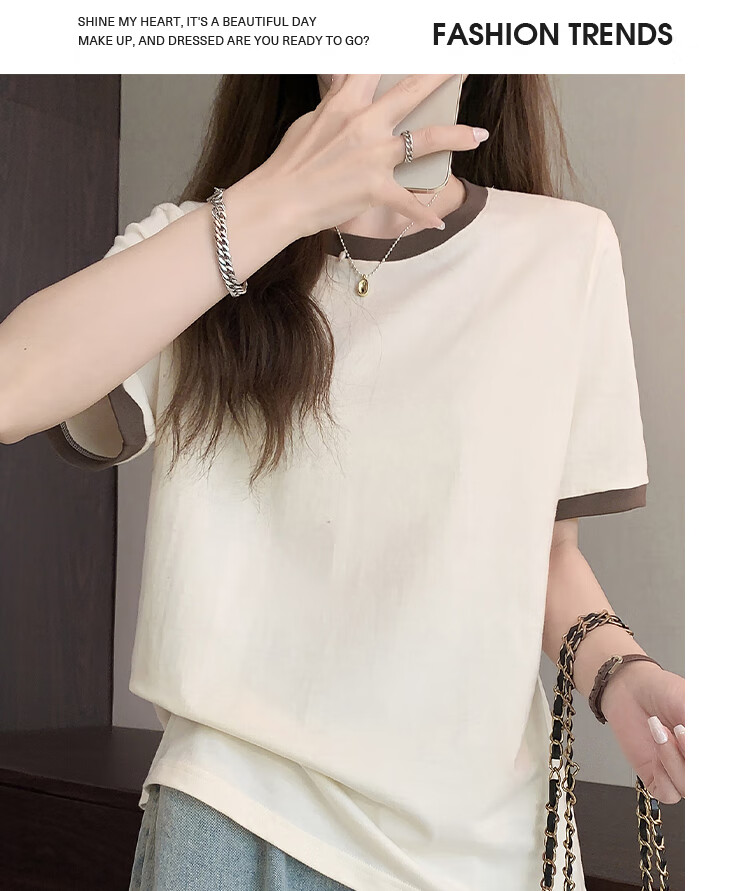 Yiershuang 100% Cotton Women's Short Sleeve T-Shirt Comfortable Skin-Friendly Color Block Basic Casual Top 15