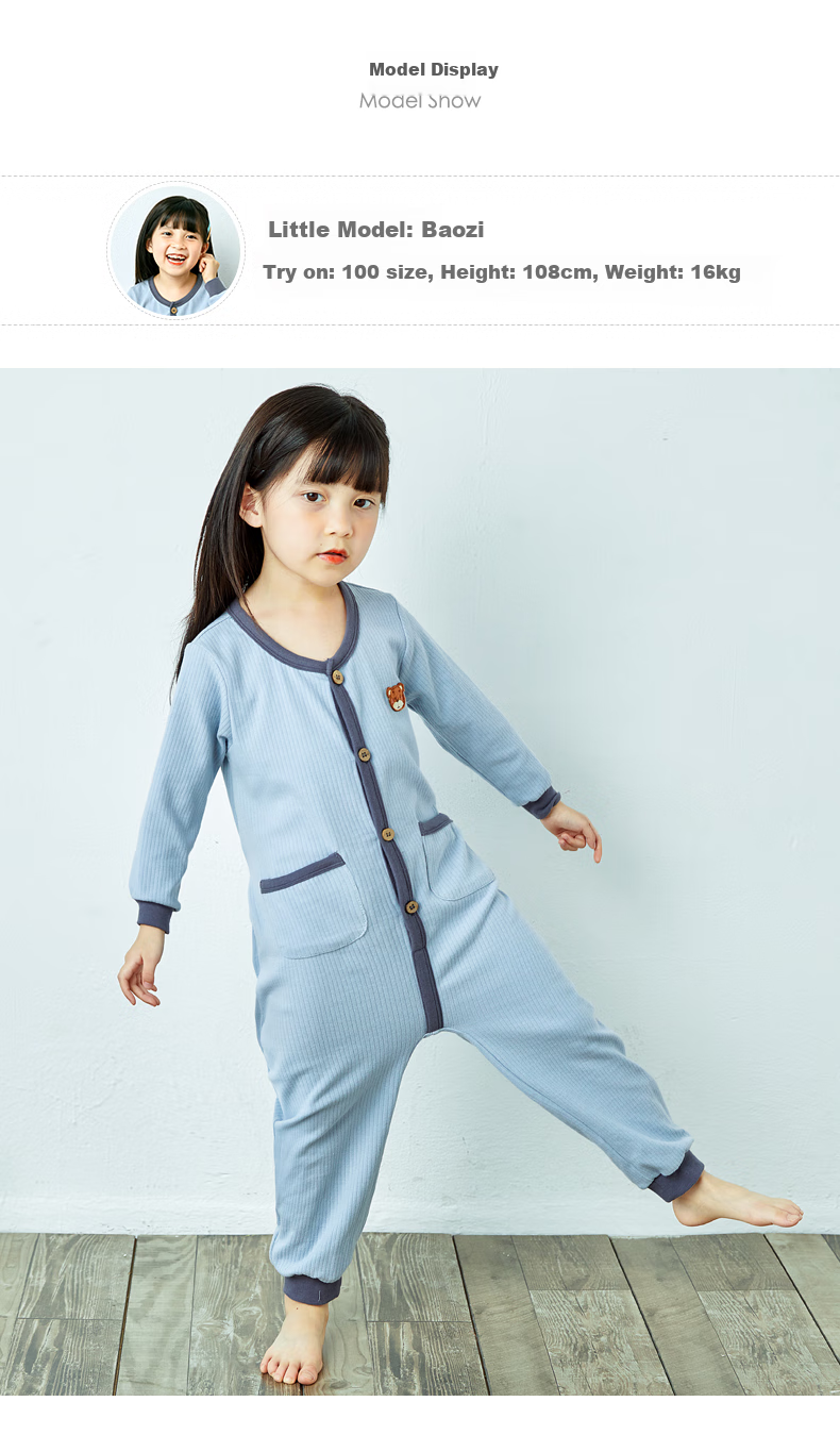 SHANBAOMAY Spring And Autumn Children's Onesie Pajamas, Cotton Sleepwear for Boys And Girls, Baby Onesie Pajamas, Anti-Kick, Cold Prevention, Belly Protection, Gray Blue, Size 100 6