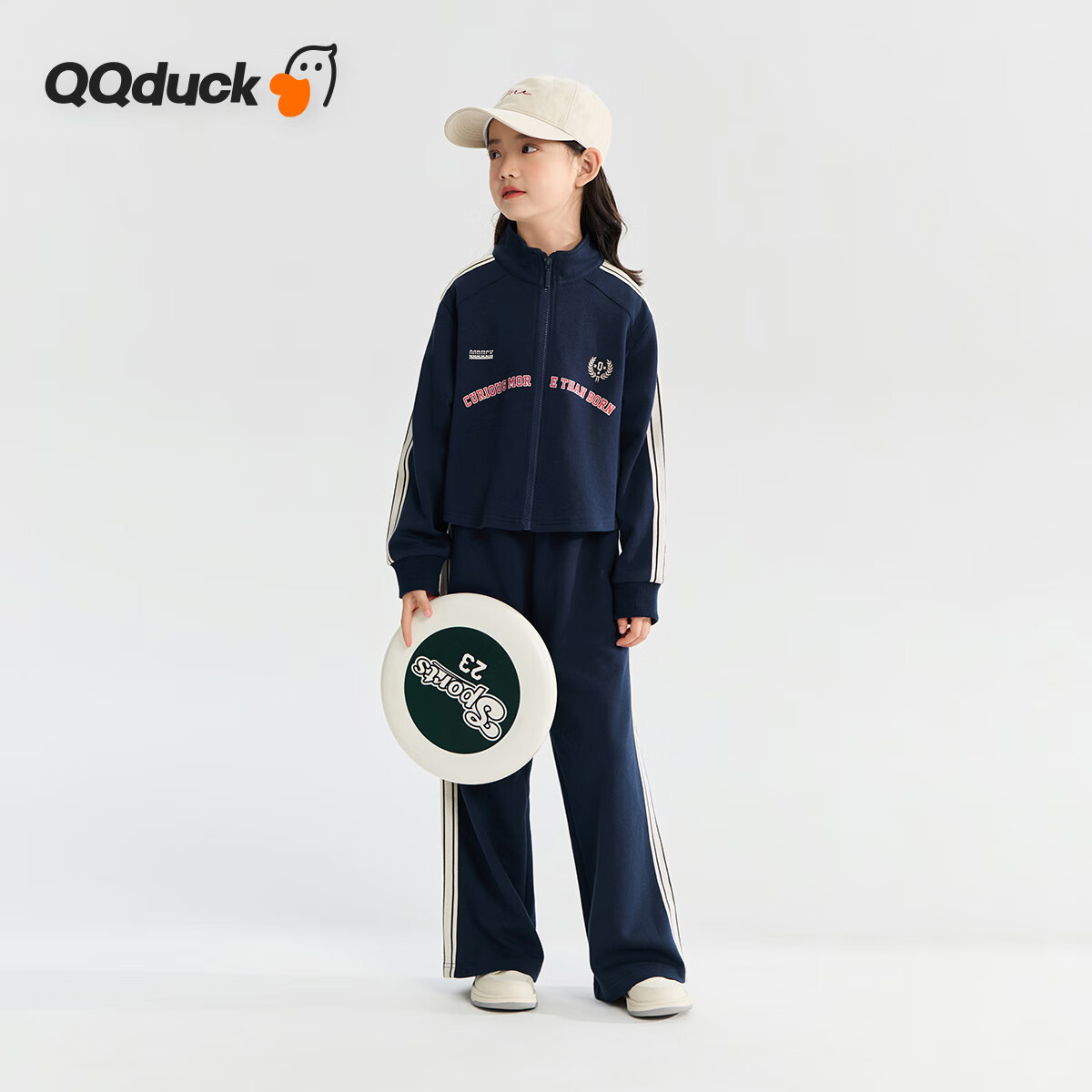 QQ DUCK Children's Clothing Set, Girls' Two-Piece Outfit for Fall 2026, Jacket And Pants, Student Korean-Style Sportswear, Blue; Size 130