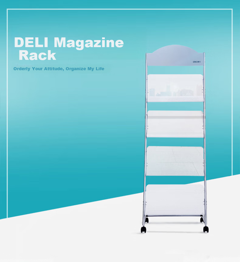 Deli 4-Tier Metal Magazine Rack, Brochure Display Stand, Office Reception Floor-Standing Bookshelf, Document Organizer, Height 1.45 Meters 1