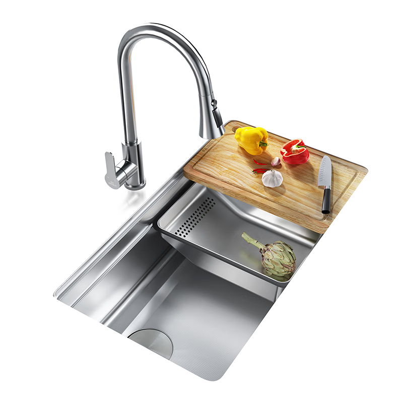HIGOLD 304 Stainless Steel Kitchen Sink Stepped Single Bowl with Faucet Countertop Replacement Program