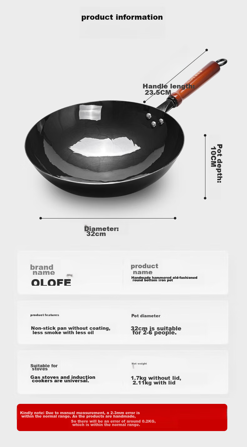OLOFE Zhangqiu Black Iron Wok, Non-Coated, Lightweight, Round Bottom, Forged, Traditional Gas Stove, Large Stir-Fry Pan, Quiet Operation, 32cm 13