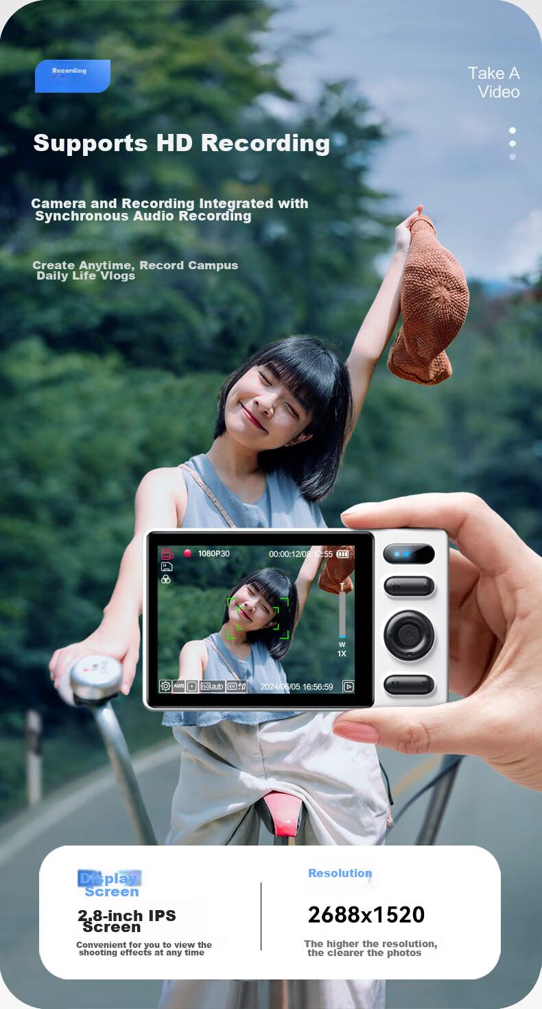 Aigo E6 Student Digital Camera for Women Beginners, High-Definition Retro Compact Point And Shoot Camera, HD Travel CCD Alternative, Front And Rear Dual Cameras with Selfie Function, 64GB White 2