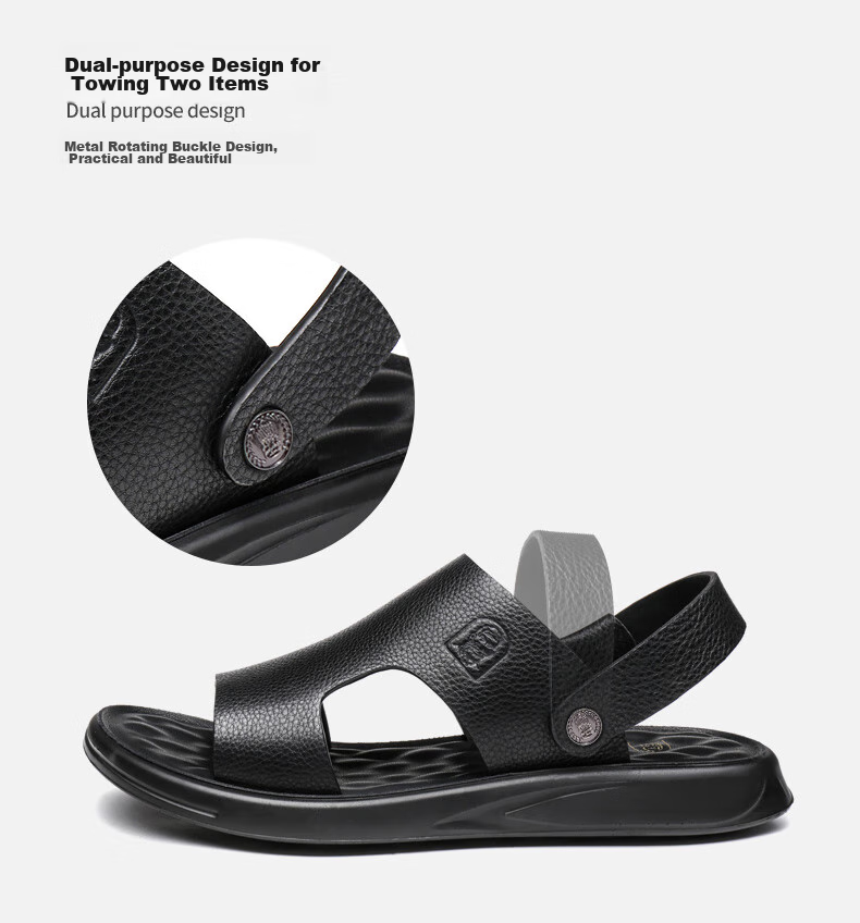 LAORENTOU Men's Sandals, Summer Top-Grain Leather, Breathable Beach Versatile Casual Shoes, Sandals, Men's Footwear, 10965, Black, Size 43 7