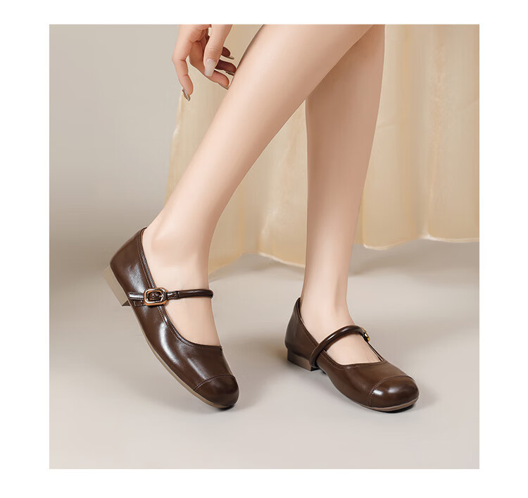DAPHNE Retro Soft Leather Mary Jane Women's Shoes, 2024 Spring/summer Flat Leather Shoes, Wanwan Style Gentle Flats, Beige, Size 37 12