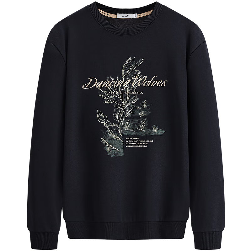 DANCING WOLVES [Fleece-Lined for Warmth], Autumn And Winter Thickened Top, Men's Heavy Embroidery Crewneck Sweatshirt, 001 Black, Size 190