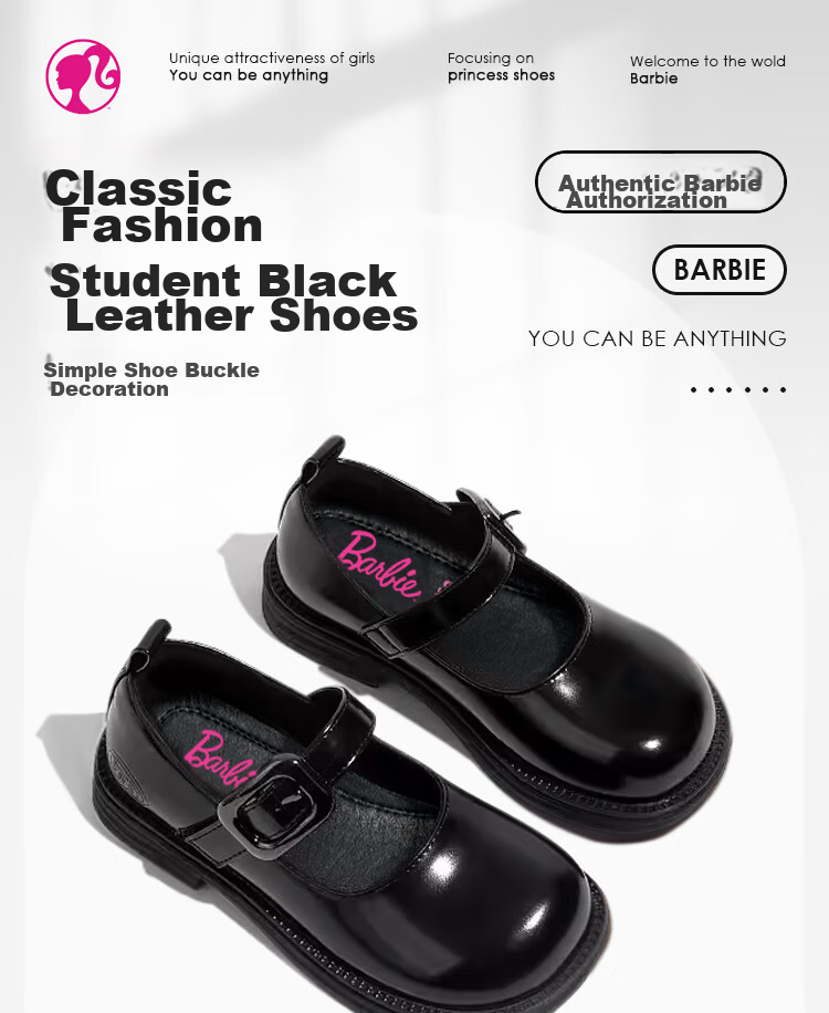 Barbie Girls' Black Leather Shoes, Spring And Autumn Soft-Soled Leather Shoes, Stylish Performance Shoes DA6267 Black Size 31 1