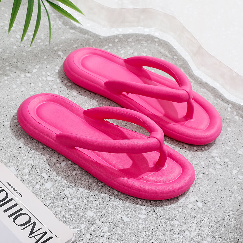 GUOLUOFEI Summer Squishy EVA Flip-Flops, Men's Beach Flat Sandals, Non-Slip Bathroom Slippers for Women, Rose Red, Size 38-39