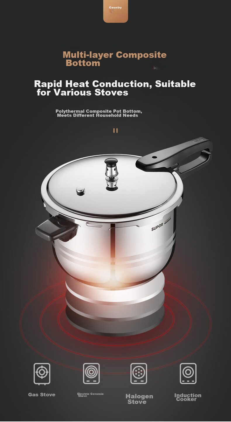 SUPOR 304 Stainless Steel 9L Pressure Cooker, 26cm [Suitable for 4-6 People], Explosion-Proof High Pressure Cooker, Compatible with Induction Cookers, Large Capacity 14