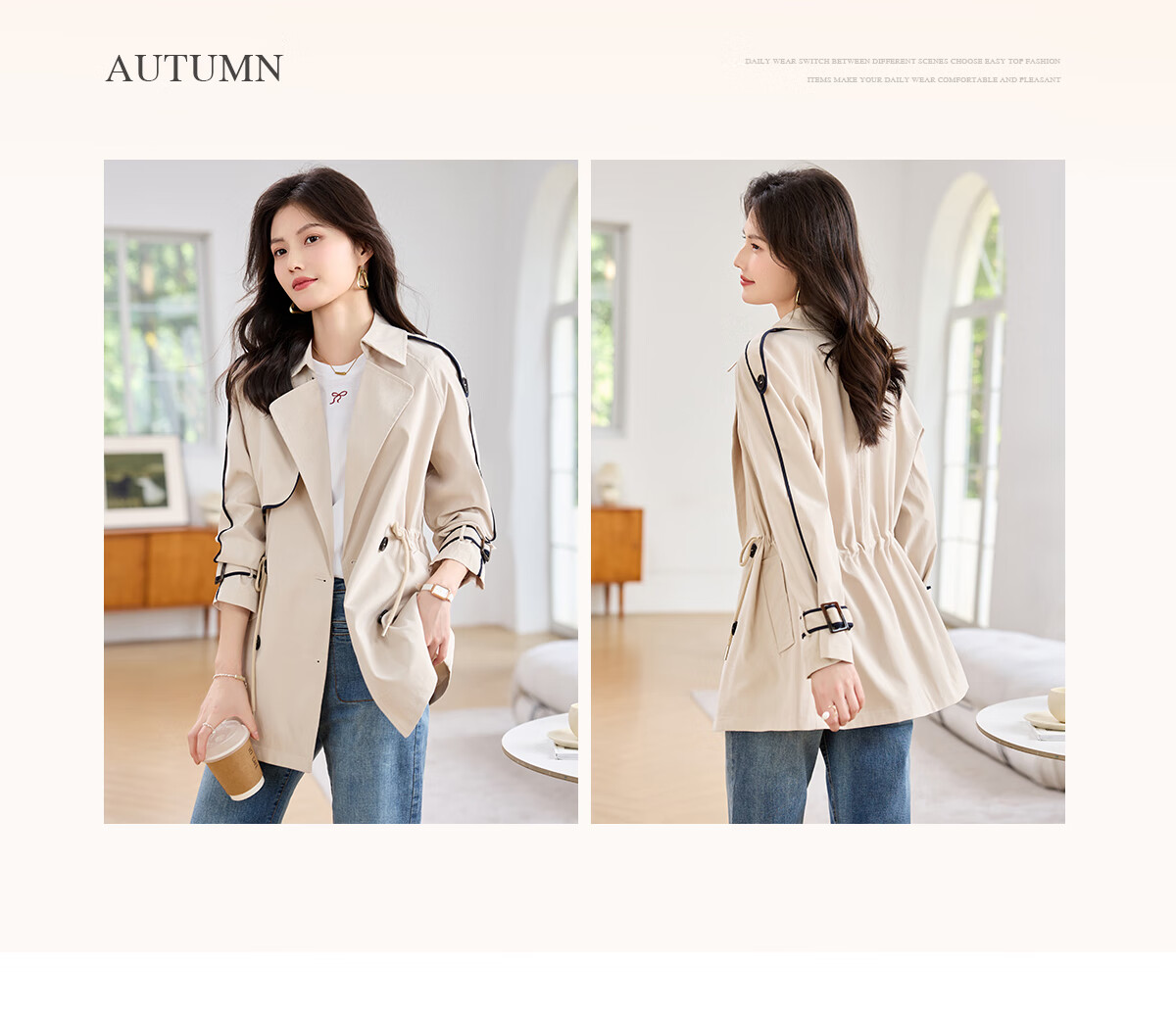Taxiang Drawstring Waist Trench Coat for Women, Spring And Autumn Casual Commuter Short Jacket, High-End Outer Cardigan T51D033 4