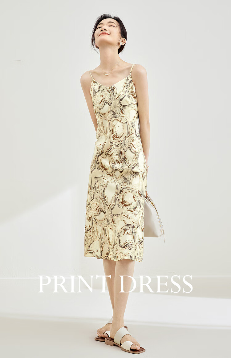 Sentubila Spring And Autumn French Floral Print Spaghetti Strap Dress Elegant Goddess Style Sexy Slimming Dress Apricot Base Floral Pattern Size S 1