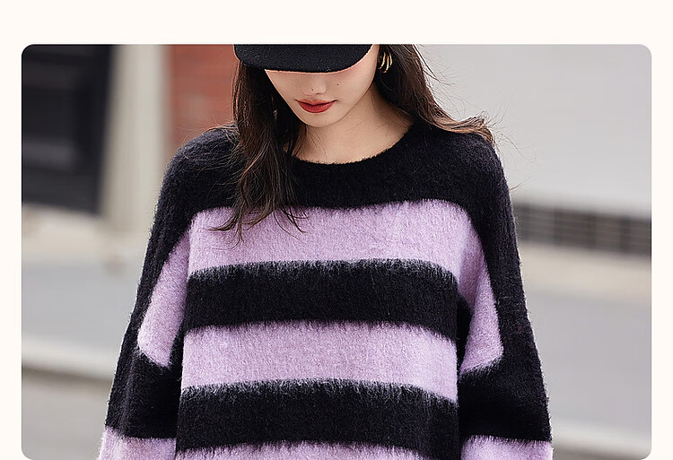 DME Fashionable Casual Style Winter Round Neck Raglan Sleeve Faux Fur Striped Elegant Color Block Knit Sweater Women's Top, Purple XL 4