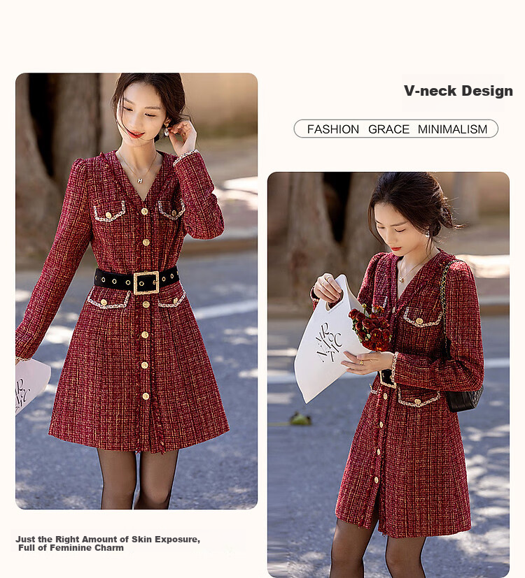 Dme [Qianjin Madeleine] Winter Socialite Little Chanel Style V-Neck Tassel Frayed Ribbon A-Line Mid-Length Dress for Women 5