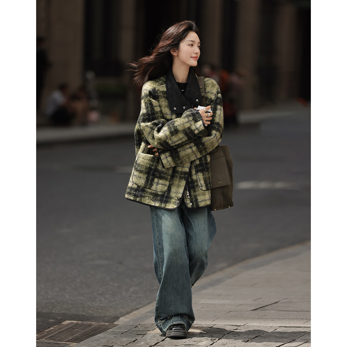 Dme [Vintage Elegant Top] Eye-Catching Plaid Green Relaxed Faux Shearling Jacket for Wome