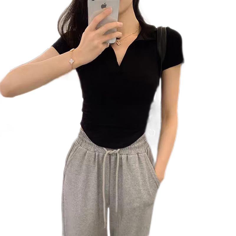 LangSha Polo Collar Short-Sleeve T-Shirt for Women, Summer Pure Desire Style, Black Half-Sleeve Top, Short And Slim-Fit Undershirt