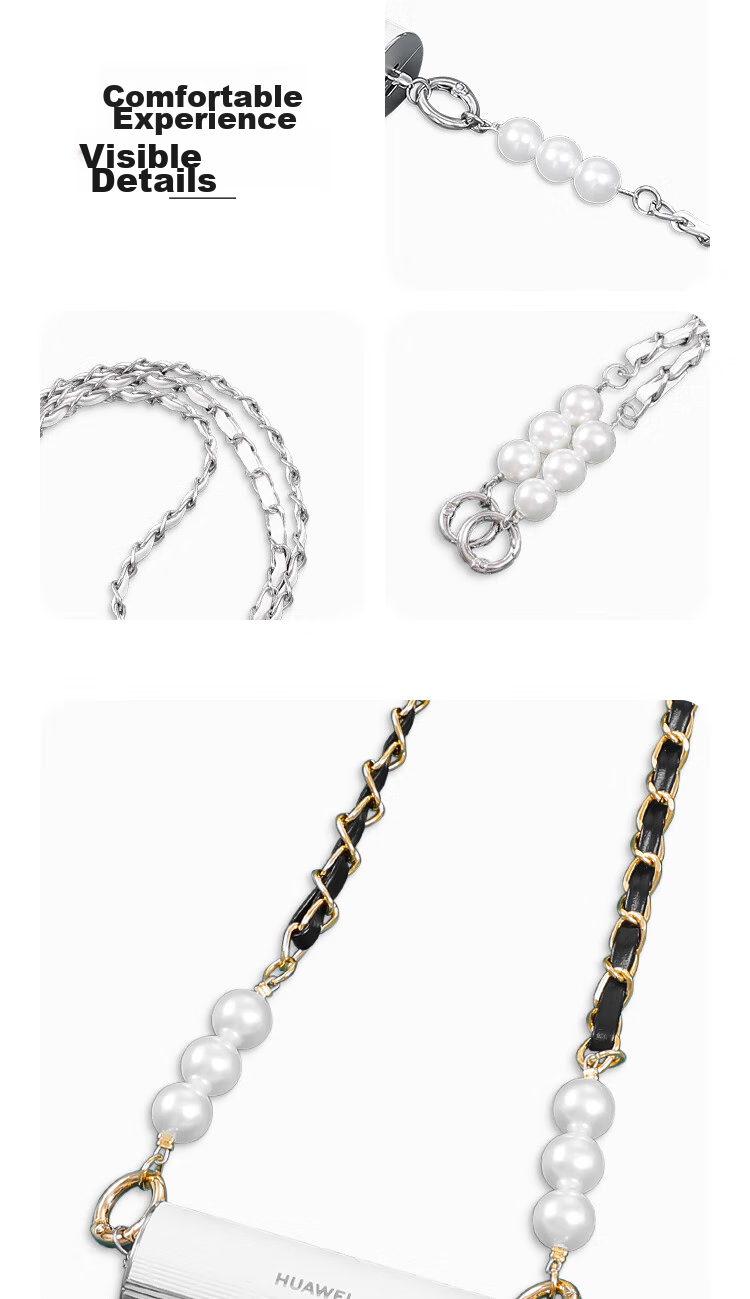ESCASE Suitable for Huawei FreeBuds Lipstick2, Earphone Wrist Strap Pendant, Dopamine Chanel-Style Leather Strap with Pearl And Silver Chain, Pearl White 3