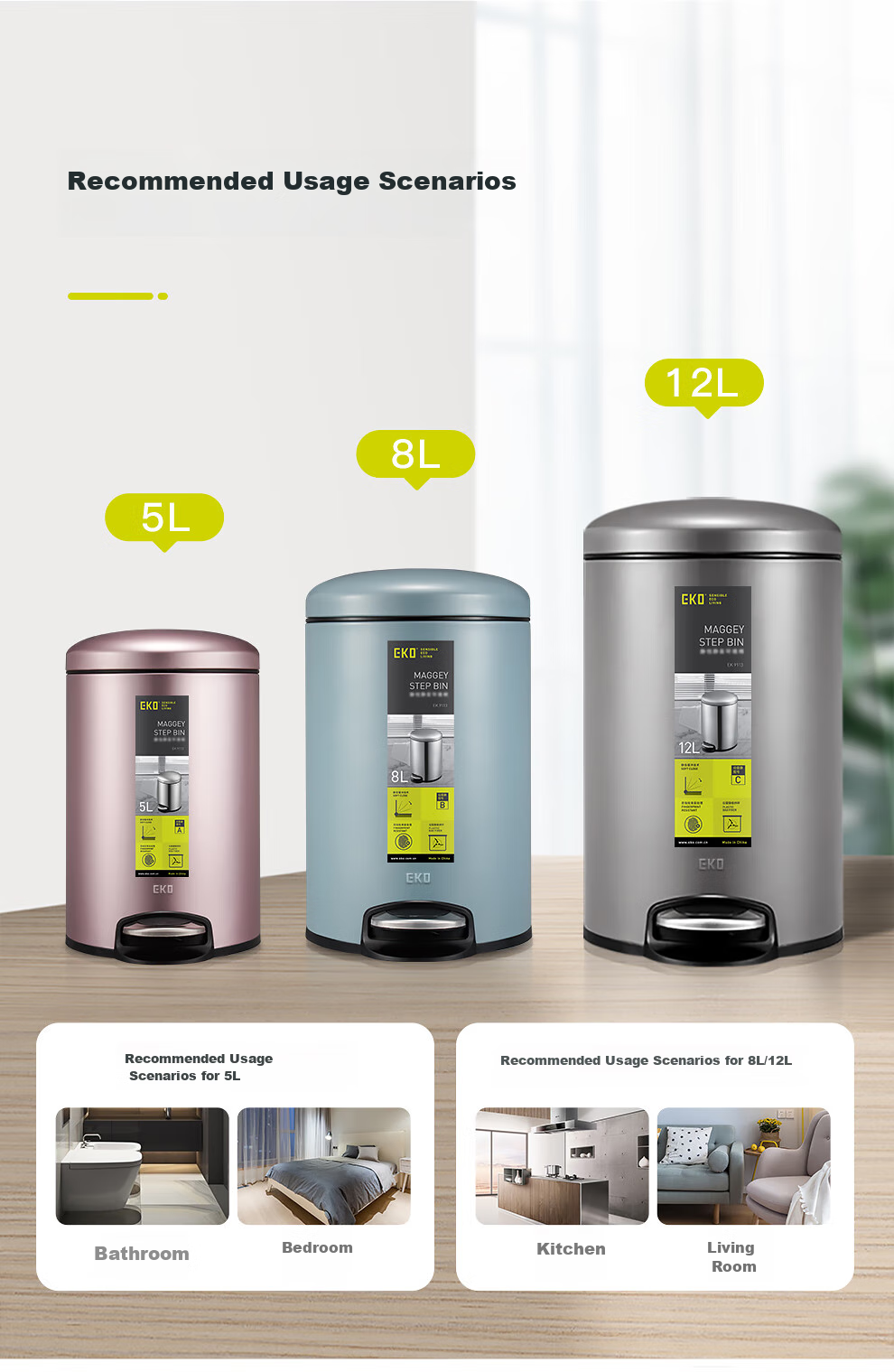 EKO Pedal Trash Can, 12L, Stainless Steel, Home Use with Lid, Large Size, Stainless Steel, for Bathroom And Kitchen, Recommended by Zhang Ruoyun, Model 9361 2