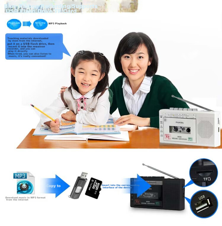 PANDA 6503 Portable Cassette Player, USB Flash Drive, Memory Card Player for Elderly, Tape Recorder, Home English Learning Device, Black 5