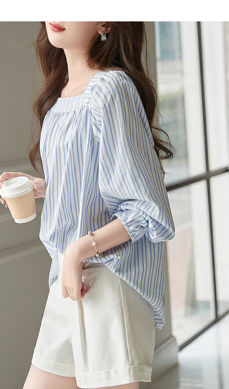 Dme [Oxygen Pure Cotton] Fresh Spring And Autumn Square Collar Striped Shirt, Retro Lantern Sleeves, Slimming Blouse, Women's Top 4
