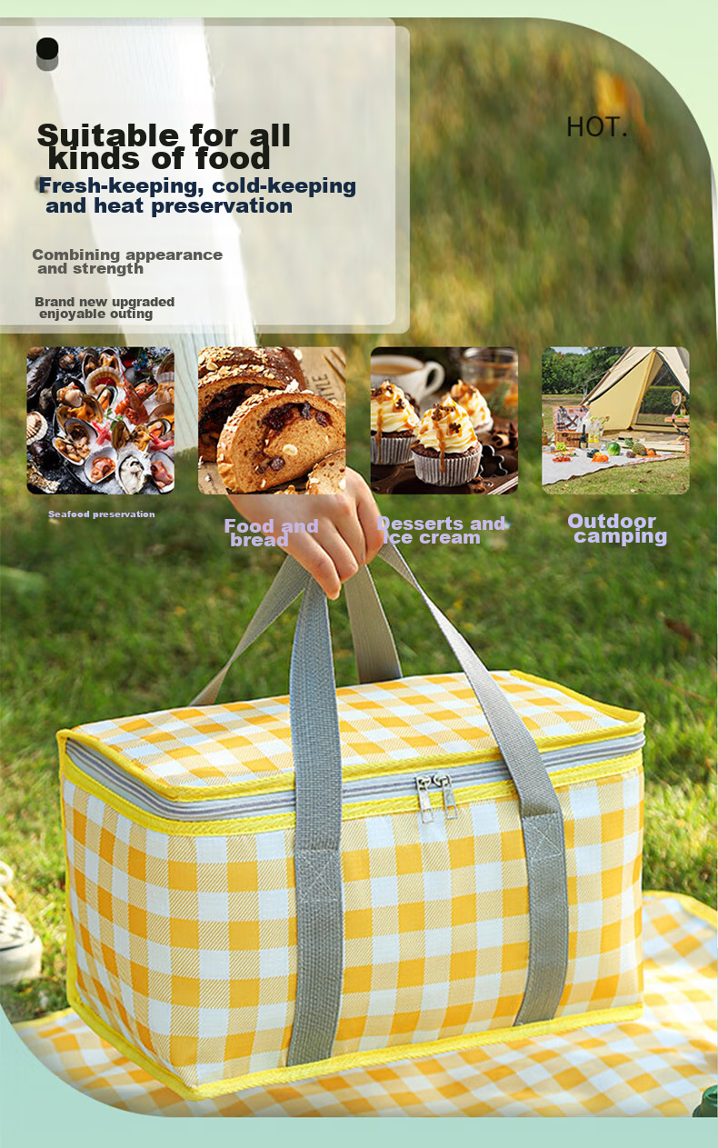 JOYTOUR Insulated Picnic Bag, Outdoor Portable Folding Camping Lunch Box Bag, Cold Storage Bag, Travel Picnic Basket, Yellow And White Checkered Patter 3