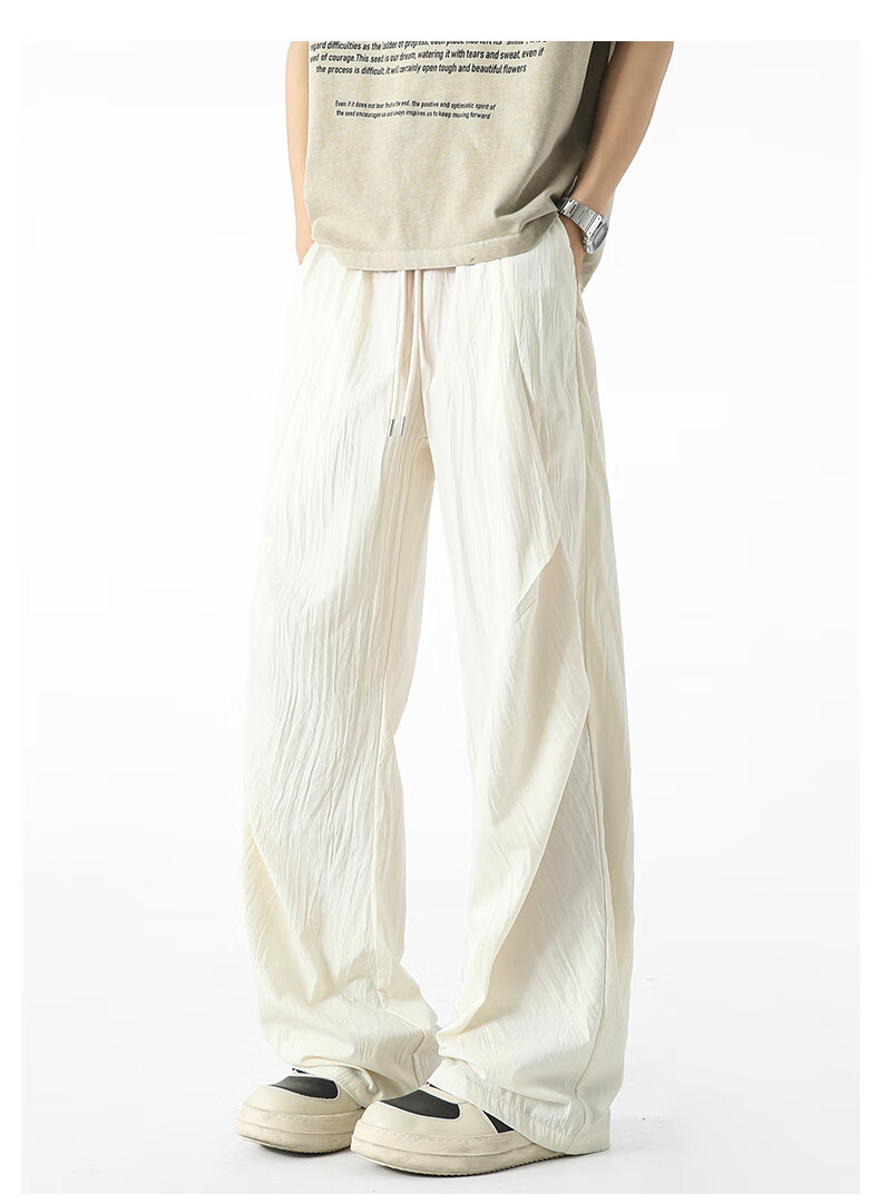 SWAMP AREA Wrinkled Ice Silk Pants for Men, Summer Lightweight American High Street Paratrooper Pants, Loose Straight-Leg Trousers KS51 Warm White 4XL 9