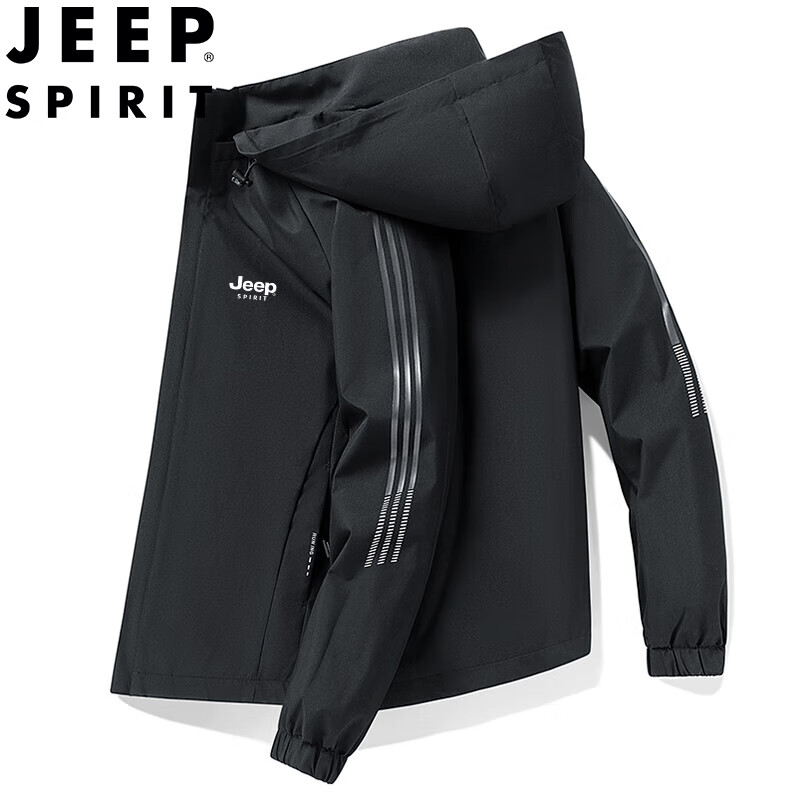 JEEP SPIRIT Men's Jacket, Spring And Autumn Outerwear, Casual Versatile Trendy Hooded Outdoor Menswear, Black, Size L