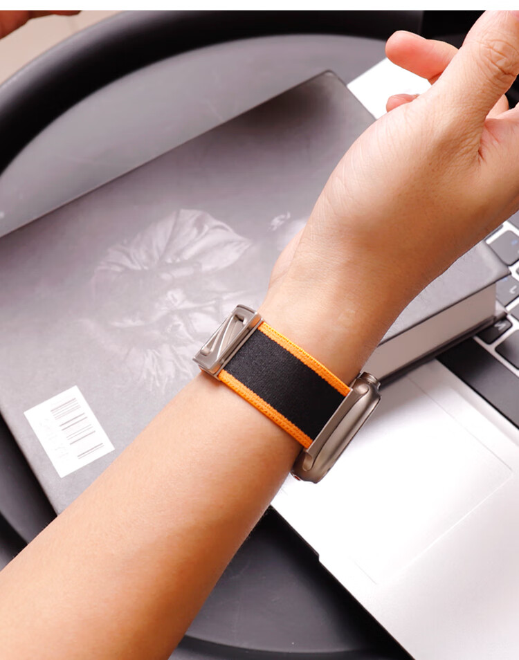 MSSM Compatible Apple Watch Band for Apple Watch S12/11/10/S9/SE3/Ultra4/3, Nylon Magnetic Buckle Strap - Black with Orange, Size 38-42 4
