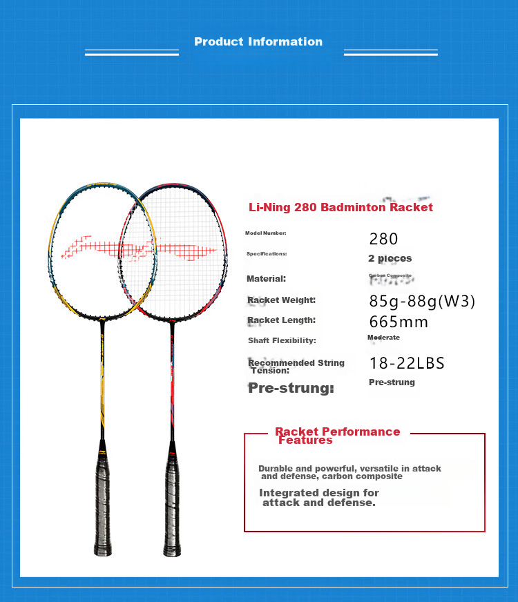 Li-Ning Badminton Racket Middle Shaft Carbon 280 Carbon Composite Pair AYPV087-22 (Strung with Shuttlecock And Grip) 9