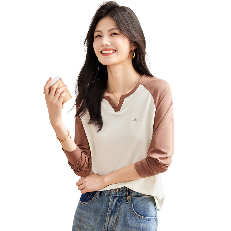 Taxiang Long-Sleeve T-Shirt for Women, Fashionable Small V-Neck Contrasting Color Spliced Top, Versatile Spring And Autumn Wear, Base Layer Shirt T143T2033
