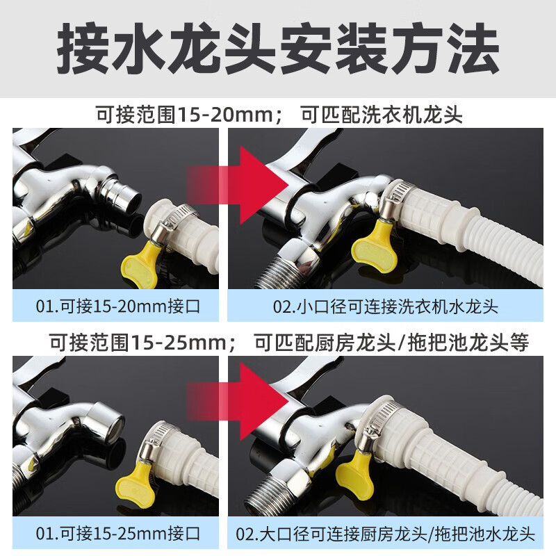 Xinfei Universal Flexible Hose, Faucet Extension Pipe, Semi-Automatic Washing Machine Inlet Pipe for Tap Water, Suitable for Air Conditioner Drainage Pipe, with Clamp, 2 Meters