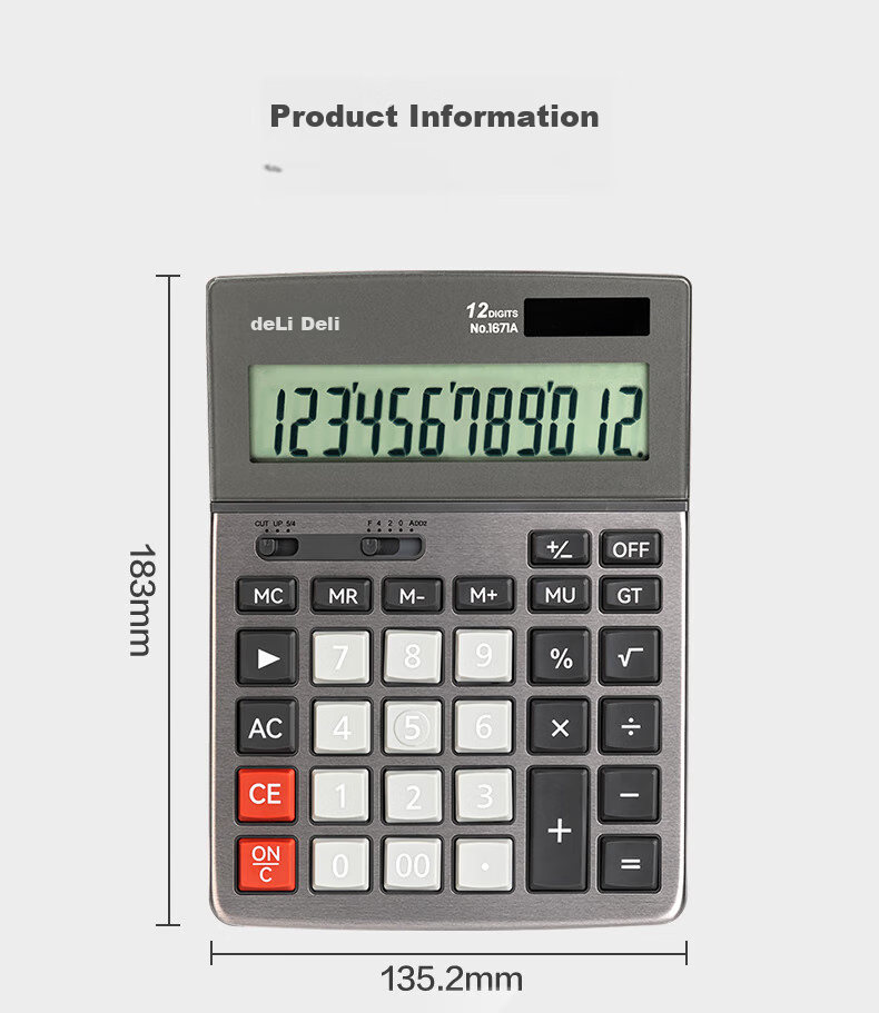 Deli Dual Power Business Office Desktop Calculator, 12-Digit Large Screen Plastic Keypad Desktop Calculator, 1671A 13