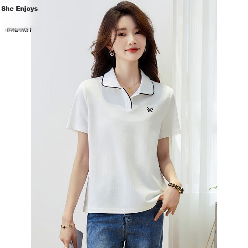 Taxiang Women's Short-Sleeve T-Shirt, Versatile Ladies' Polo Shirt, Casual Letter-Design Collared T-Shirt Top T144T1843