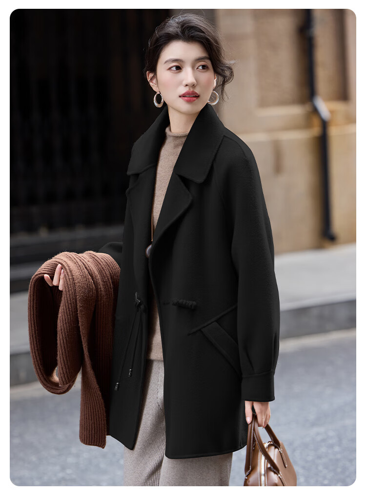 Bailu Elegant 100% Wool Coat 2025 Winter New Suit Collar Simple Mid-Length Double-Faced Woolen Women Black S 21