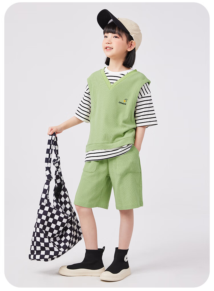 QQ DUCK Girls' Summer Outfit Set, Children's Sports Short-Sleeve Shorts, Youth Clothing, Waffle Texture, Green; Size 120 8