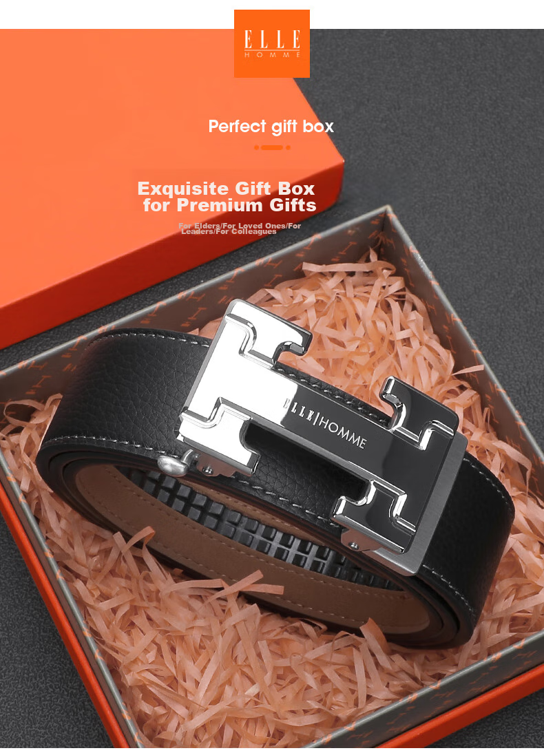 ELLE HOMME Men's Top-Grain Leather Belt, Luxury 304 Stainless Steel Buckle Automatic Waist Belt Trouser Belt, Birthday Gift for Me 1