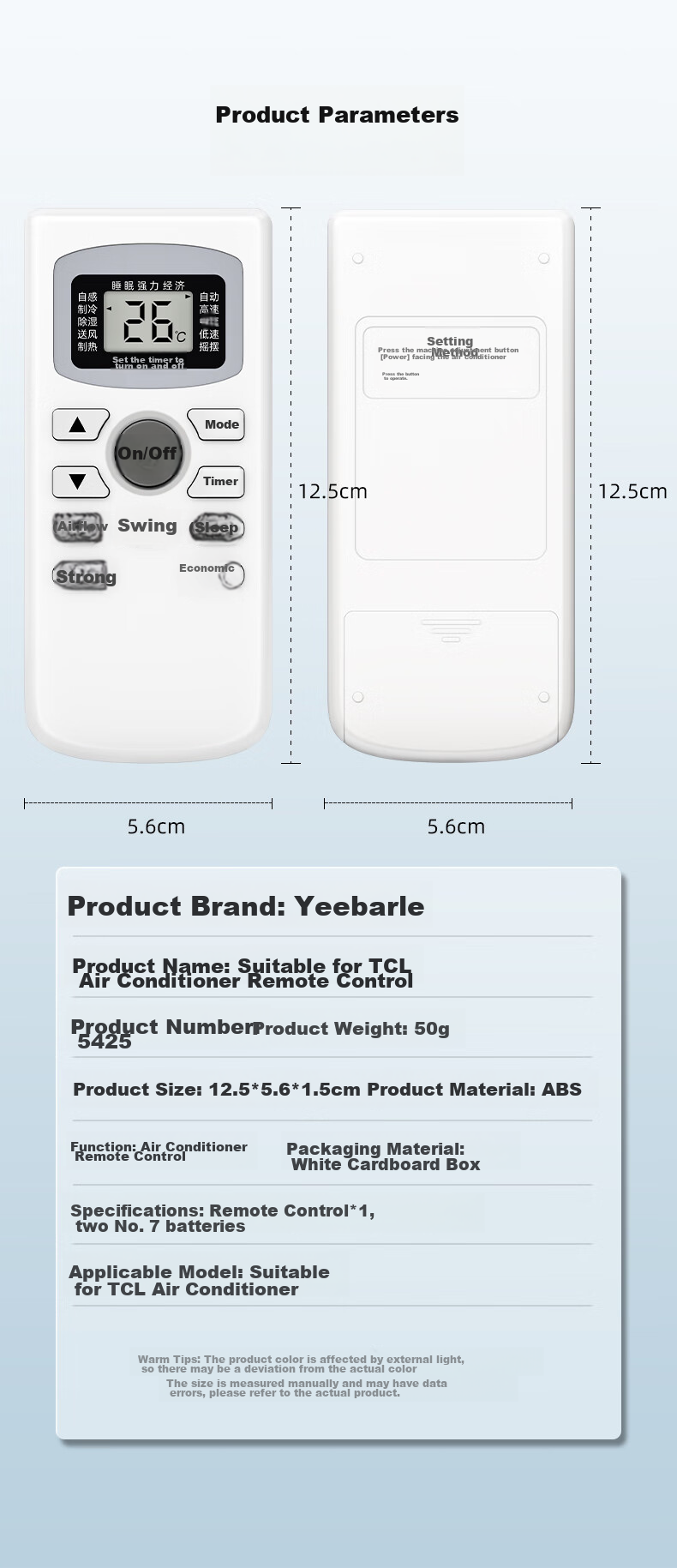 Yeebarle Universal Remote Control for TCL Air Conditioners, Compatible with Wall-Mounted Units, Ceiling-Mounted Units, Multi-Unit Systems, Window Units, Cooling And Heating Central Air Conditioning, Model 5425 12