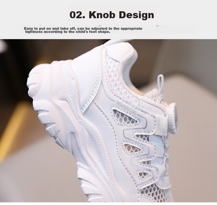 Warrior Children's Shoes, Mesh Upper White Sneakers, Sandals, Button Sports Shoes, Casual Shoes, Skateboard Shoes, WZ(CL)-0454, White, Size 28 8
