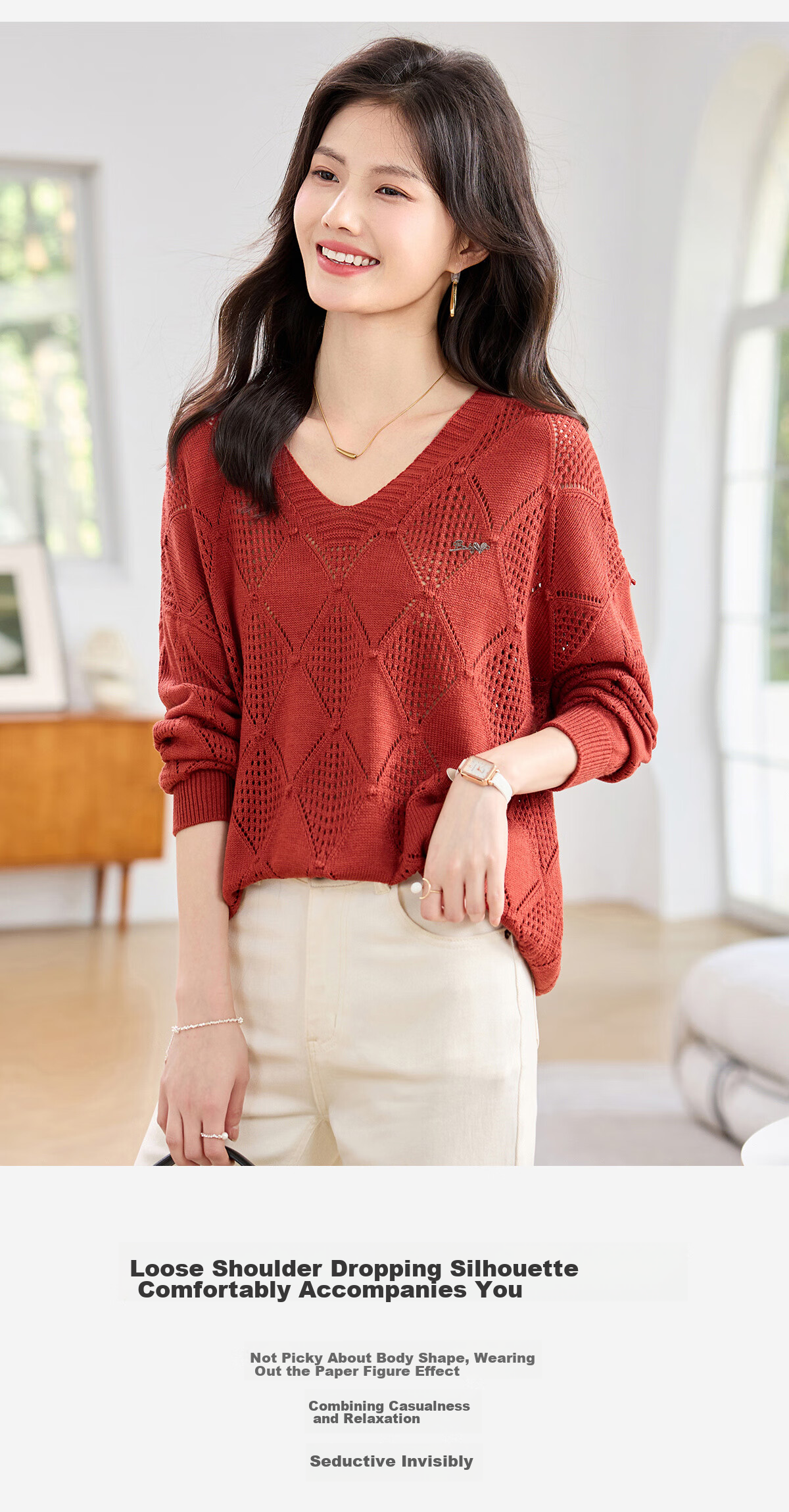 She Enjoy Textured Versatile Diamond Cable Knit Round Neck Sweater Women's Inner and Outer Wear Knit Top T53Z051 9